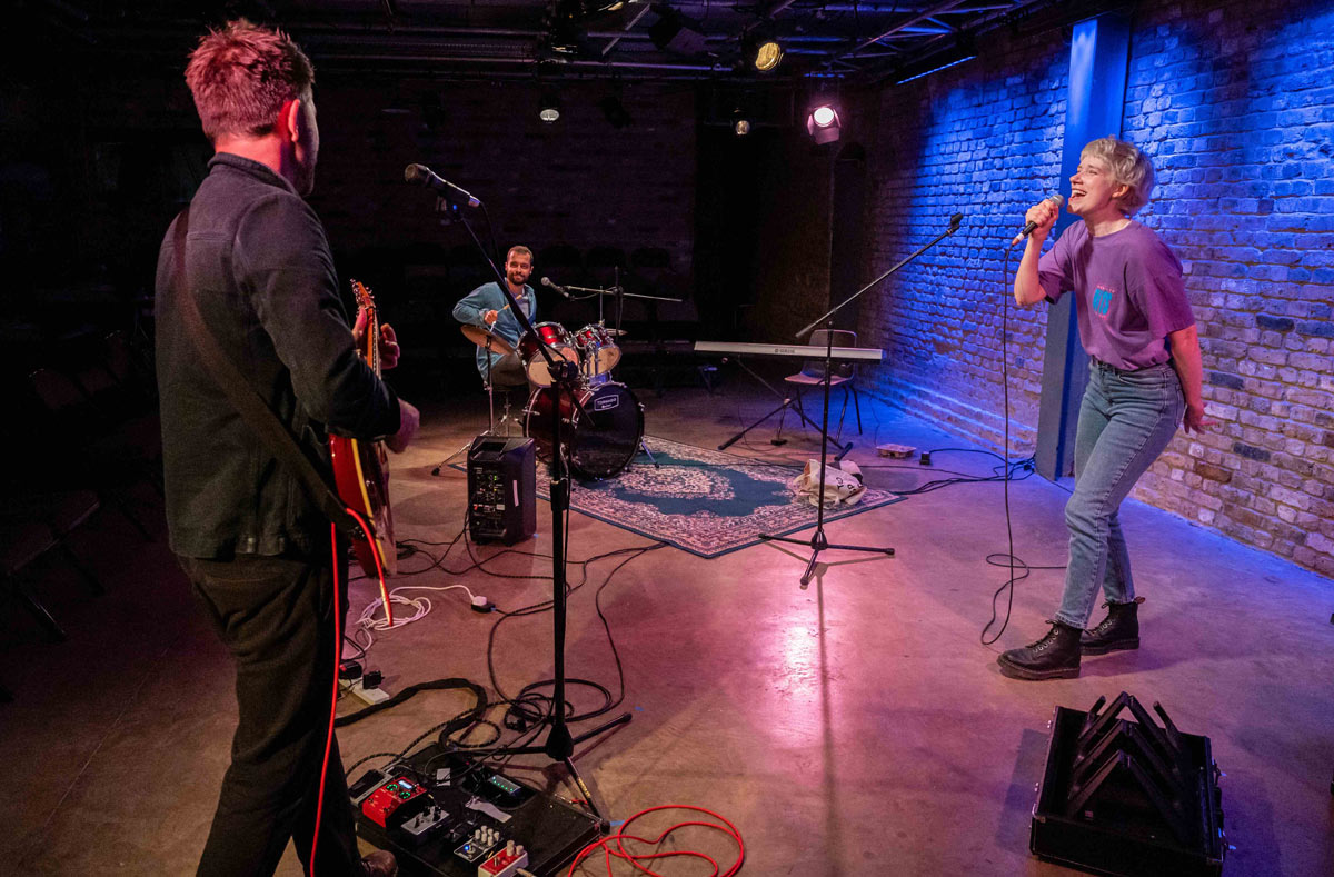 Laura Evelyn, James Westphal, Royce Cronin in The Band Back Together at Arcola Theatre. Credit Kate Hockenhull photography