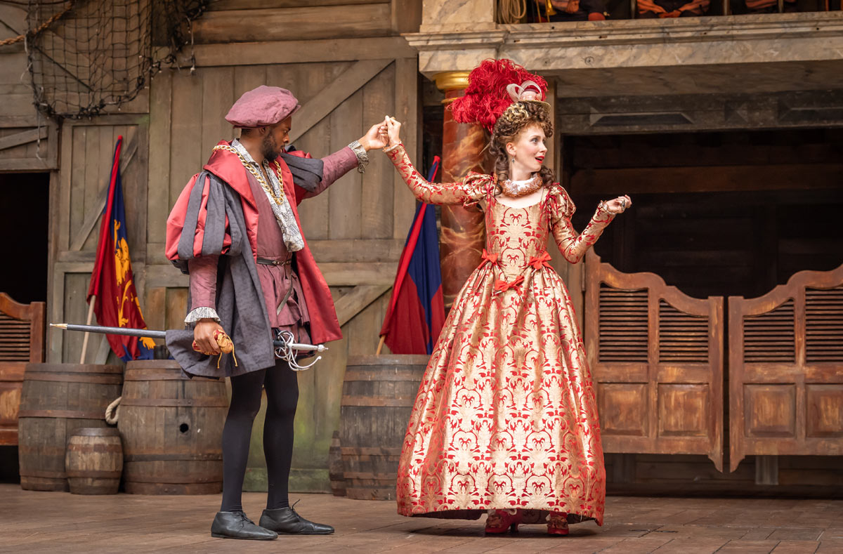 Daniel Adeosun as Antipholus of Syracuse and Phoebe Naughton as Courtesan in The Comedy of Errors at Shakespeare's Globe. Photo Marc Brenner