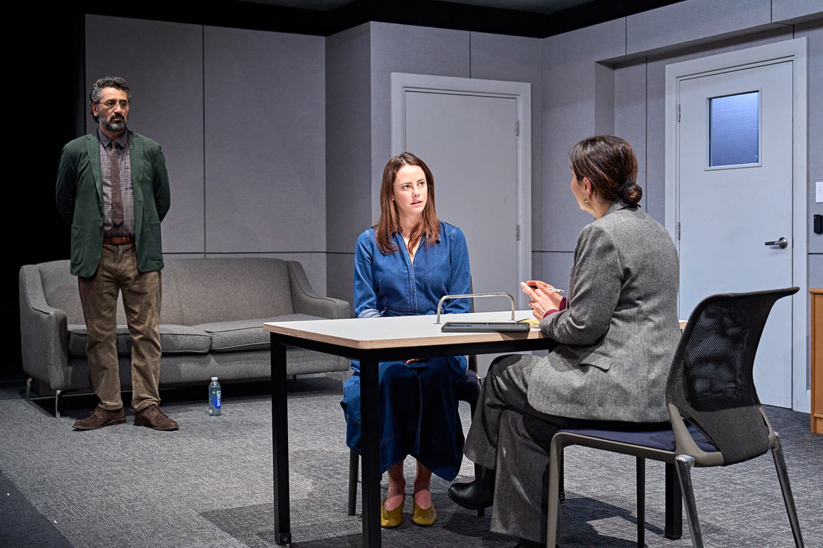 Cliff Curtis, Kaya Scodelario and Nathalie Armin in East is South at Hampstead Theatre. Credit Manuel Harlan