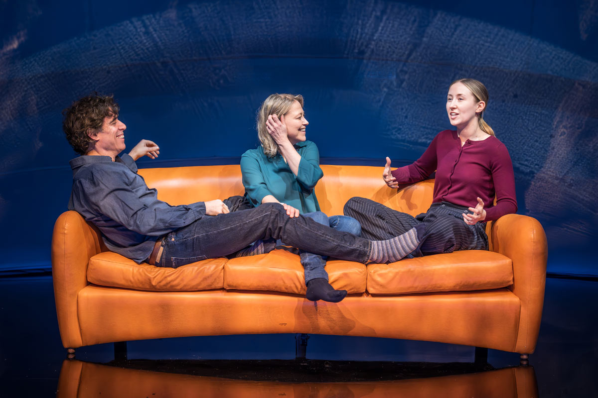 Stephen Mangan (Nick), Nicola Walker (Polly) and Erin Doherty (Kate) in Unicorn. Credit  Marc Brenner