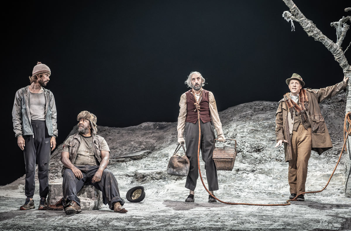 Ben Whishaw, Lucian Msamati, Tom Edden, and Jonathan Slinger in Waiting for Godot at Theatre Royal Haymarket. Photo Marc Brenner